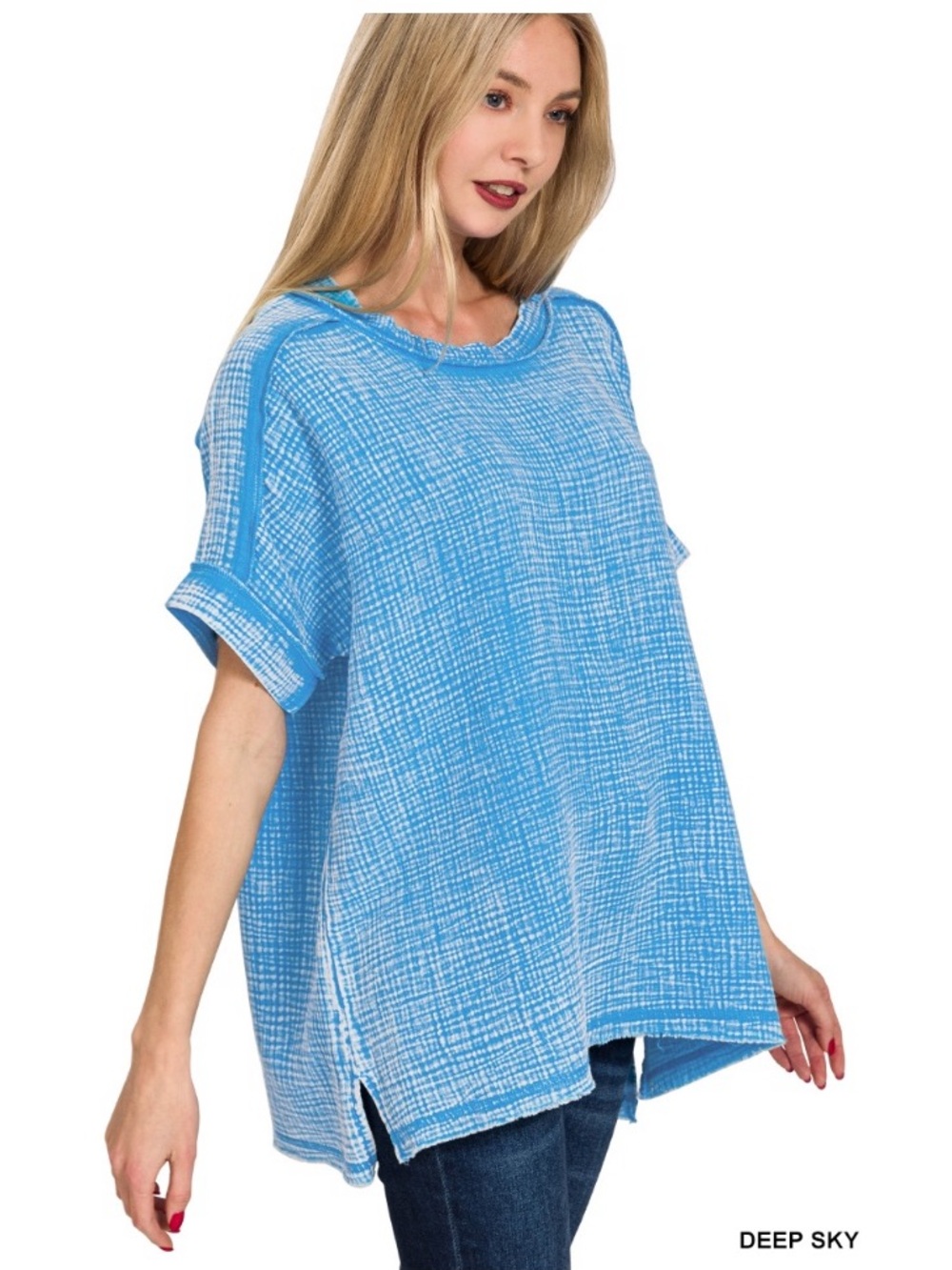 Zenana Outfitters Sky Blue Textured Short Sleeve Tunic